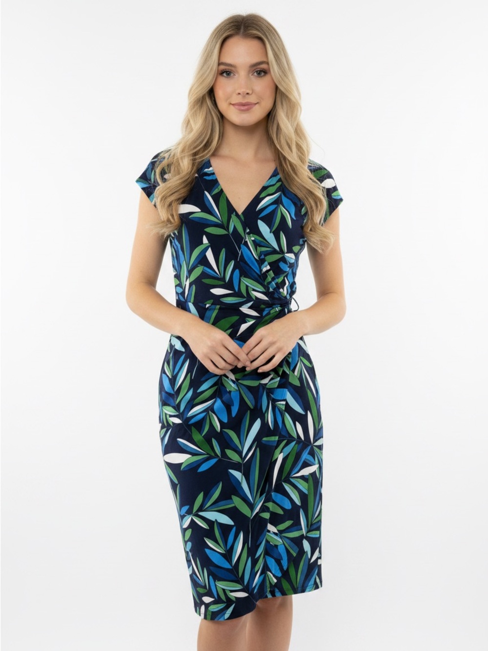 NWT Maggy London Blue Green Leaf Print Faux Wrap Dress Size 4 Small
